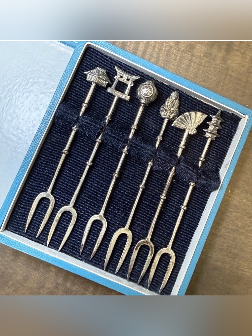 Set of 6 Japanese VTG Sterling Silver Appetizer Cocktail Forks w/ Original Box